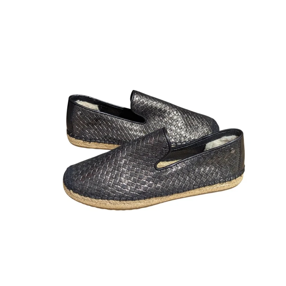 UGG Tioga Metallic Woven Leather Espadrille Loafers Black Pewter 1010196 Size 6